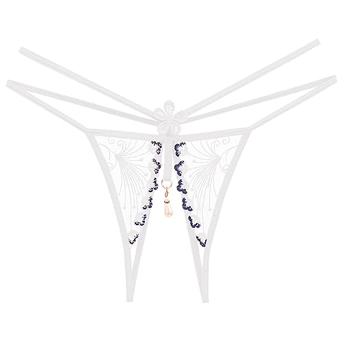 Spitzen Unterwäsche Hohl Niedrige Taille Unterhose Offener Schnitt Perle Massage Tanga Herren Shorts Unterwäsche (White, One Size) von Generisch