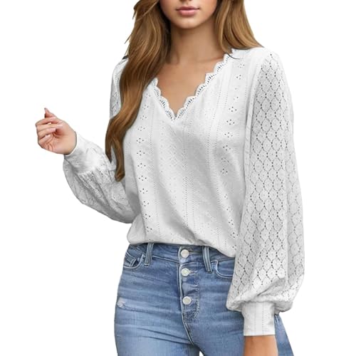 Spitzenbluse, Spitzenbluse Damen Spitze V Ausschnitt Bluse - Langarm Elegant Spitzenärmel Blusen Puffärmeln Oberteil Blusenshirt Sexy Damenblusen Baumwolle Gebänderte Manschetten Trachtenbluse von Generisch