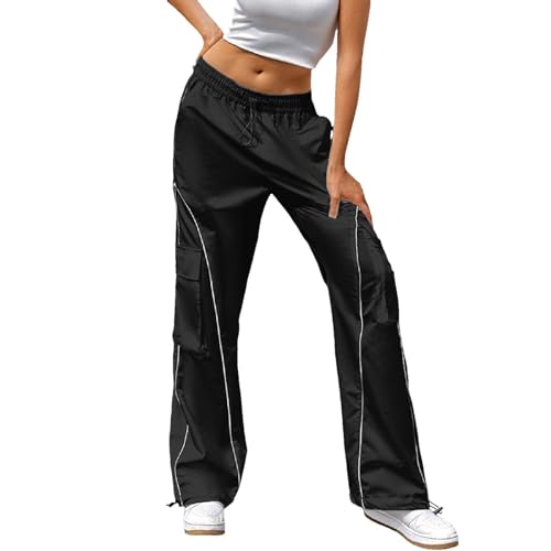 Sport Hose Damen Fitness Baggy Outdoorhose Lockere Jogginghose Cool Weites Bein Freizeithosen Niedrige Taille Outdoor Freizeithose Lang Damenhose Mit Taschen Kurze Hosen Sportlich (Black, S) von Generisch