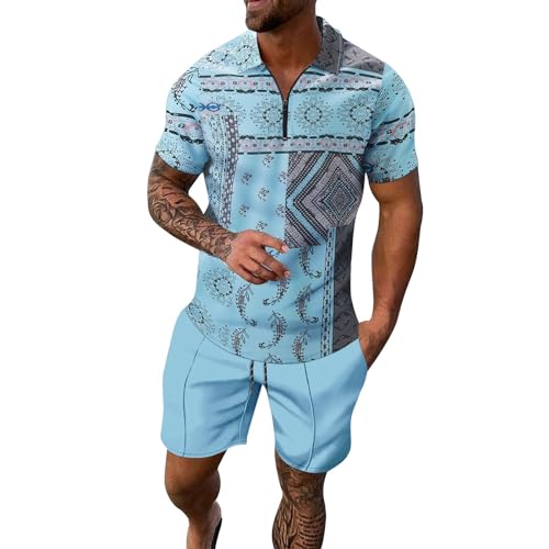 Sport Set Herren 2 Teiliges Sommer Farbblock-Hemd Hawaiihemd Strandshorts Kurzarm T-Shirts + Kurze Hose Set Beach Freizeithemden Strand Surf Shorts FüR Urlaub Freizeit Jogginganzug (A-Light Blue, XL) von Generisch