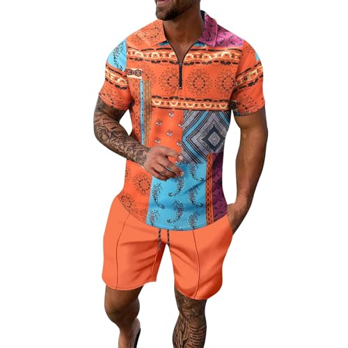 Sport Set Herren 2 Teiliges Sommer Farbblock-Hemd Hawaiihemd Strandshorts Kurzarm T-Shirts + Kurze Hose Set Beach Freizeithemden Strand Surf Shorts FüR Urlaub Freizeit Jogginganzug (A-Orange, XXL) von Generisch