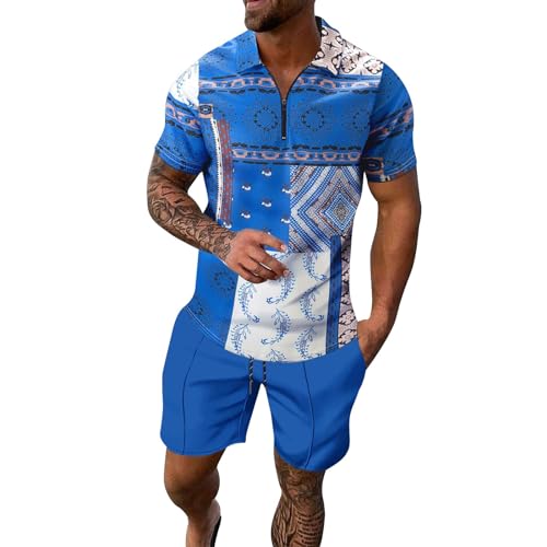 Sport Set Herren 2 Teiliges Sommer Farbblock-Hemd Hawaiihemd Strandshorts Kurzarm T-Shirts + Kurze Hose Set Beach Freizeithemden Strand Surf Shorts FüR Urlaub Freizeit Jogginganzug Herren (A-Blue, M) von Generisch