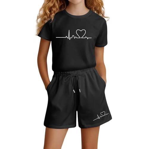 Sportbekleidung Kinder 152 Mädchen Set Baumwolle 2 Teiler Sportanzug Schwarz EKG Muster Kurze Hose Und T-Shirt Sport Mode Sommer Outfit Freizeit Trainingsanzug Jogging Kleidung Lässige 2 Piece Set von Generisch
