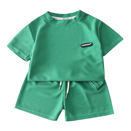 Sportbekleidung Kinder Jungen 128 Set 2 Teiler Trainingsanzug Waffel Sommer Outfits Zweiteiler Kurze Hose Und T-Shirt Grün Sport Set Sportanzug 2 Piece Jogging Kinderkleidung von Generisch