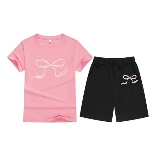 Sportbekleidung Kinder Mädchen 116 Set 2 Teiler Sportanzug Pink Ribbon Kurze Hose Und T-Shirt Rosa Sport Mode Sommer Outfit Freizeit Trainingsanzug Jogging Kleidung Lässige 2 Piece Set von Generisch