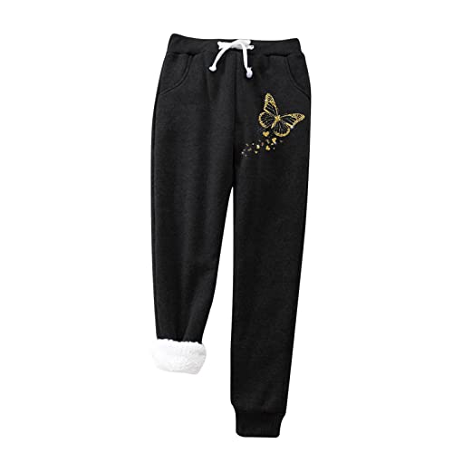 Sporthose Plüsch Warm Damen Damen plus warmer, fester Samt mit Taschen, hält warm, Hosen, hohe Taille, dehnbar, mit Fleece gefüttert, Thermohose in voller Länge Winter Verdickte Laufhose (Black, XL) von Generisch