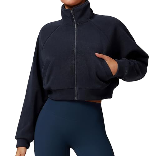 Sportjacke Damen Winter Thermo Warm Laufjacke Damen Winter Running Fleece Kurz Sweatjacke Damen Sport Stehkragen Fleecejacke Bauchfrei mit Reissverschluss Taschen Plüschjacke Crop Fleecejacken von Generisch