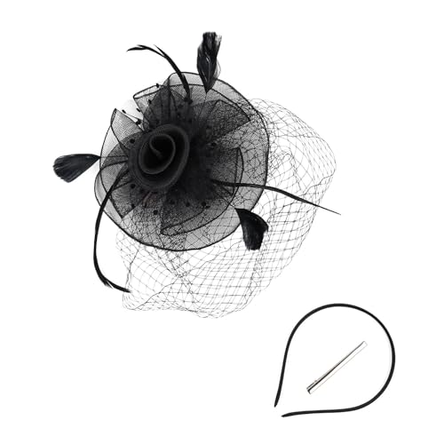 Squash Schläger Schutz -Feder-Brauthut für Frauen, elegantes Fascinator-Stirnband für Hochzeiten, Partys und Abendveranstaltungen Kühlende Kopfbedeckung (Black, One Size) von Generisch