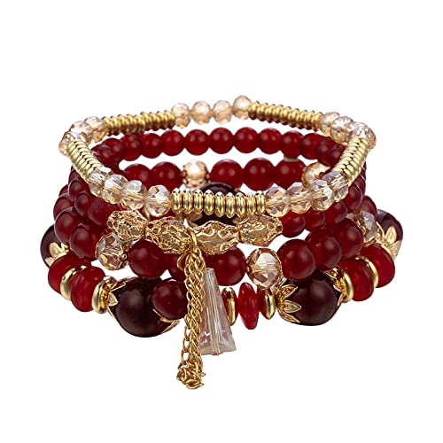 Stapelbare Perlenarmbänder Damen Herren Stretch Multilayer Armband Set Mehrfarbiger Schmuck Charme Armband Handgemachtes Armband (Red, One Size) von Generisch