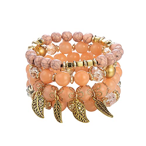 Stapelbare Perlenarmbänder Damen Herren Stretch Multilayer Armband Set Mehrfarbiger Schmuck Weibliches Armband Silberarmband (Orange, One Size) von Generisch