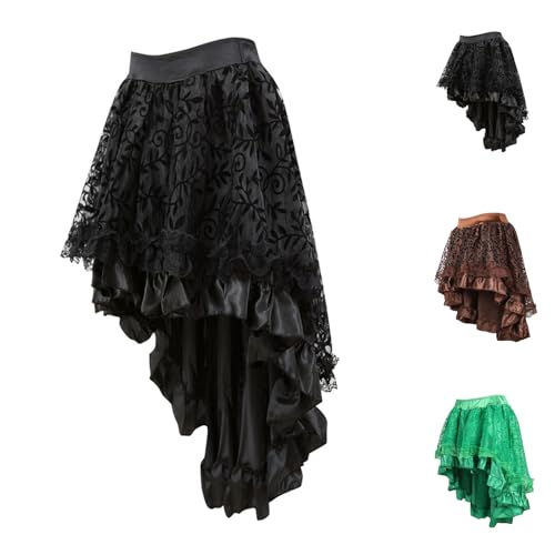 Steampunk Rock Damen Übergrößen Spitze Tüllrock Asymmetrische Tüll Tutu Gothic Rock Schwarzer Halloween Vampir Kostüm Damen Spitzenrock Vokuhila High Waist A Linie Minirock für Party Karneval Kostüm von Generisch