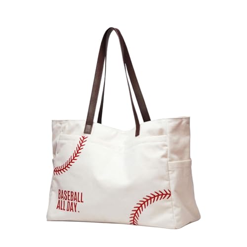 Steckschloss Für Taschen Metall Baseball-Mama-Einkaufstasche, Damen-Leinen-Utility-Wallet-Einkaufstasche mit Tasche, Stickerei, Baseball-Aufdruck, Umhängetasche, Schwarze Hose Damen (White, One Size) von Generisch