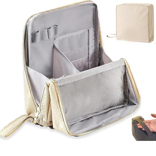 Stehende Make-up-Tasche – große Kapazität, Oxford-Tuch, Mehrzweck-Organizer, tragbar, wasserdicht, mit mehreren Fächern und aufrechtem Design für Reisen, Kosmetik, Schreibwaren, beige von Generisch