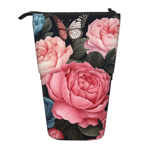 Stehendes Federmäppchen mit Pfingstrosen-Motiv, Schmetterlings-Blume, Stifteetui, Teleskop-Federtasche, Pop-Up-Kosmetiktasche, Schreibwaren-Organizer für Schule, Büro, Reisen von Generisch