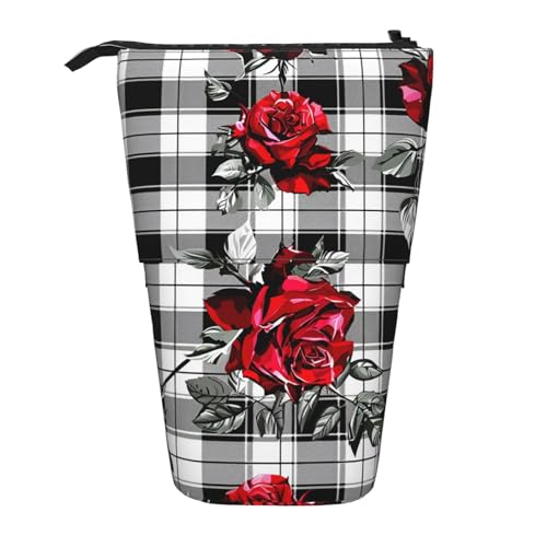 Stehendes Federmäppchen mit Rosenmuster, Büffelkariert, Blumenmuster, Teleskop-Bleistifttasche, Pop-Up-Kosmetiktasche, Schreibwaren-Organizer für Schule, Büro, Reisen von Generisch