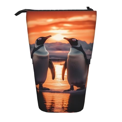 Stehendes Federmäppchen mit Sonnenuntergang-Pinguin-Motiv, Meer, Ozean, Stifteetui, Teleskop-Bleistifttasche, Pop-Up-Kosmetiktasche, Schreibwaren-Organizer für Schule, Büro, Reisen von Generisch