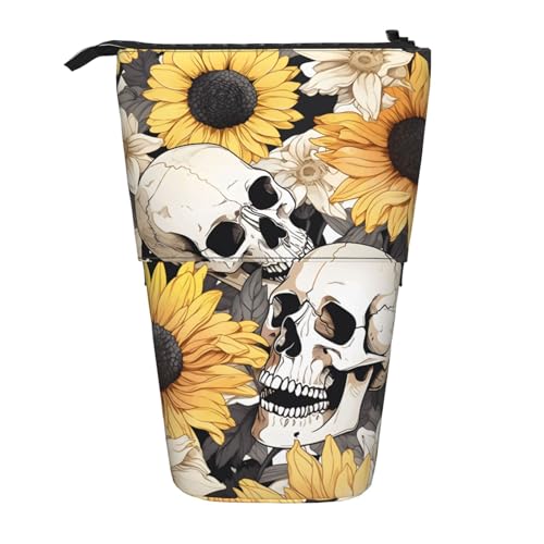 Stehendes Federmäppchen mit Totenkopf-Sonnenblumen-Motiv, Skelett, Blumenmuster, Stifteetui, Teleskop-Bleistifttasche, Pop-Up-Kosmetiktasche, Schreibwaren-Organizer für Schule, Büro, Reisen von Generisch