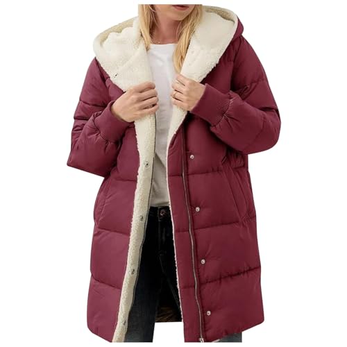Generisch Damen Steppmantel Winter Lange - Daunenmantel Damen - Teddyfleece Gefüttert Winterjacke Große Größen Daunenjacke mit Kapuze Elegant Wintermantel Dick Winddicht Steppjacke Rot Large von Generisch