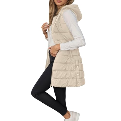 Steppweste Damen Lang Ärmellose Weste mit Kapuze Steppmantel Warmer Wintermantel Reissverschluss Longweste mit Taschen Daunenweste Leichte Elegante Vest für Herbst und Winter，S-2XL von Generisch