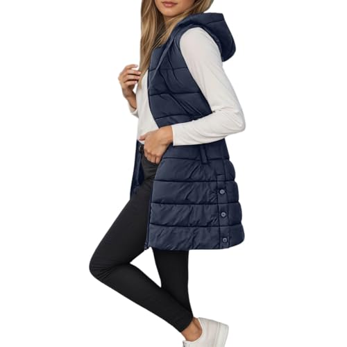 Steppweste Damen Lang Ärmellose Weste mit Kapuze Steppmantel Warmer Wintermantel Reissverschluss Longweste mit Taschen Daunenweste Leichte Elegante Vest für Herbst und Winter，S-2XL von Generisch