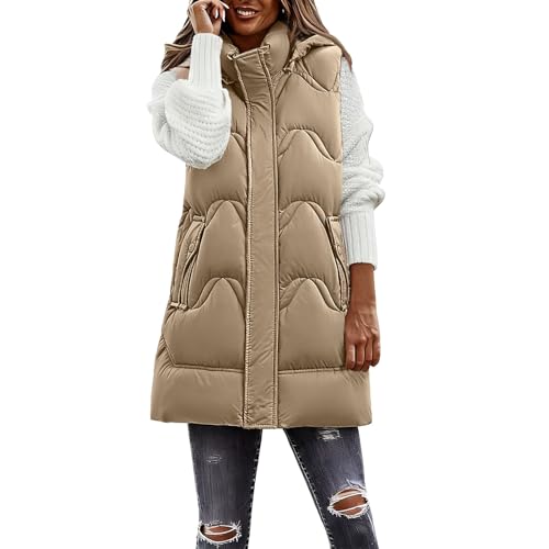 Steppweste Damen Lang Ärmellose Weste mit Kapuze Steppmantel Warmer Wintermantel Reissverschluss Longweste mit Taschen Daunenweste Leichte Elegante Vest für Herbst und Winter，S-2XL von Generisch