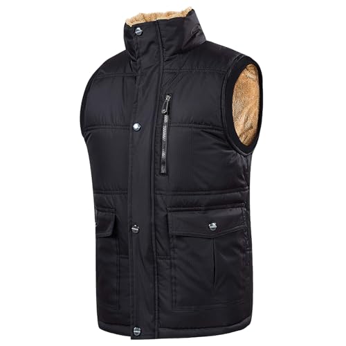 Steppweste Herren Sherpa Gefüttert Weste Fleece Stehkragen Vest Unifarben Arbeitsweste Männer Outdoor Weste mit Multi Taschen von Generisch