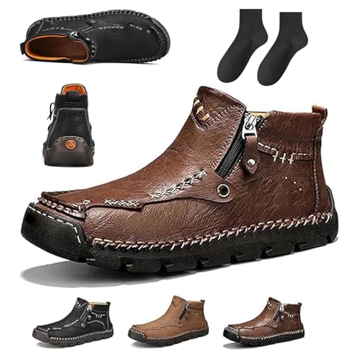 Stepthetop Motorcycle Boots Men, Hand-Stitched Genuine Leather Boots-Wide Toe, Waterproof Anti-Slip, for Work, Hiking (Brown,42) von Generisch