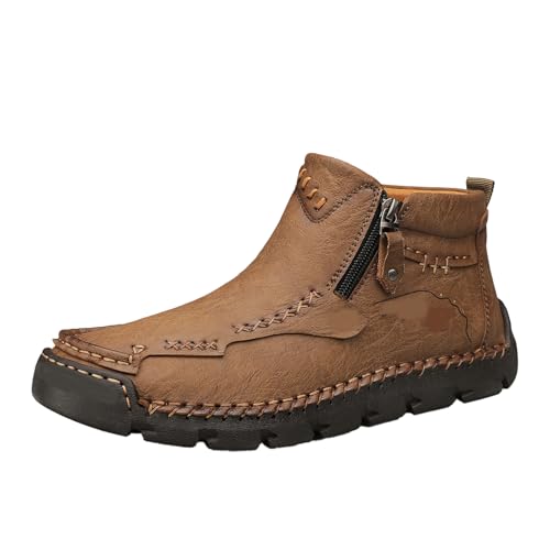 Stepthetop Motorcycle Boots Men, Hand-Stitched Genuine Leather Boots-Wide Toe Waterproof and Anti-Slip Suitable for Work, Hiking (khaki velvet,45) von Generisch