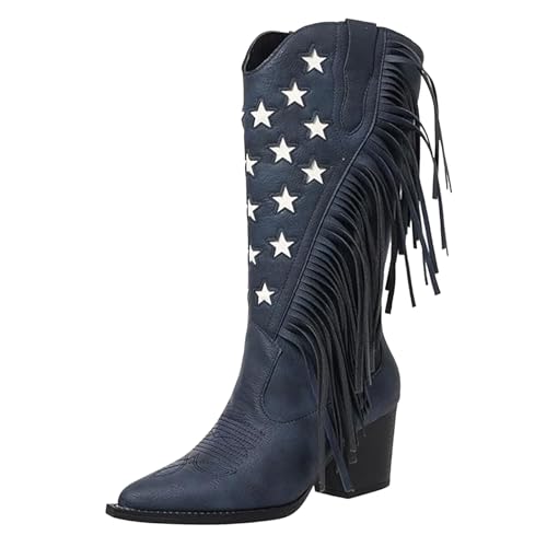Stern-Stiefel für Damen, Cowboystiefel mit Quaste, spitzer Zehenbereich, niedriger Blockstiefel, Retro-Fransen-Stiefel, unterhalb des Knies, mittellang, Cowgirl-Stiefel, lässig, stilvoll, mit klobigem von Generisch