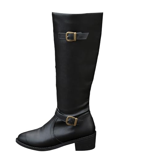 Stiefel Damen Mit Absatz, Cowboystiefel Damen Leder Langschaft Stiefel Mit Gürtelschnalle Halbstiefel Spitze Westernstiefel Lange Winterstiefel Herbst Übergangsstiefel Bequeme Damenstiefel von Generisch