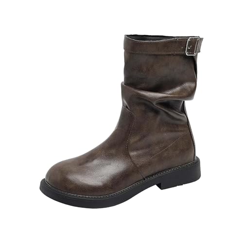 Stiefel Damen Mit Runde Zehen Klobig Absatz, Stiefeletten Halbschaft Stiefel Mit Metallschnalle, High Heel Winterstiefel Frauen Boots Vintage Kurzstiefel Outdoor Stiefel Fold Over Slouch Boots von Generisch