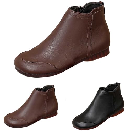Stiefel Damen Stiefeletten Flache Lässige Bootie Schuhe Vintage Einfarbig Kurze Retro Stiefel Mit Reißverschluss Weiches Leder Runder Zeh Boots Chelsea Shoes Booties von Generisch