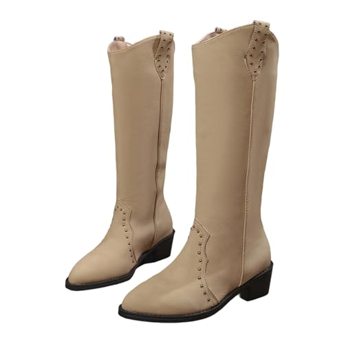 Stiefel Damen Vintage Klassische Winterschuhe Einfarbig Schlupfschuhe Leicht Spitze Blockabsatz Ritterstiefel Winterstiefel Elegant High Heels Modische Warme Kniestiefel von Generisch