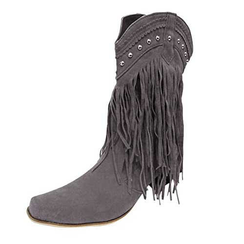 Stiefel Stiefel für Frauen Absatz Retro Chunky Quaste Wadenmitte Fransen Lässige Damenstiefel (Black, 42) von Generisch