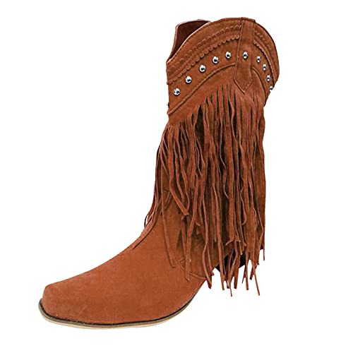 Stiefel Stiefel für Frauen Absatz Retro Chunky Quaste Wadenmitte Fransen Lässige Damenstiefel (Brown, 37) von Generisch