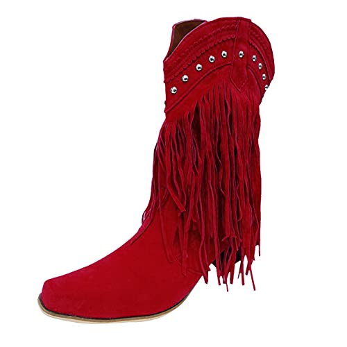 Stiefel Stiefel für Frauen Absatz Retro Chunky Quaste Wadenmitte Fransen Lässige Damenstiefel (Red, 42) von Generisch
