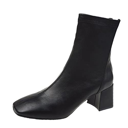 Stiefel Toe Damen Squared Up Schuhe Reißverschluss Kariert Solide Damen Absätze Damenstiefel Chunky Boot Damen, Schwarz , 37.5 EU von Generisch