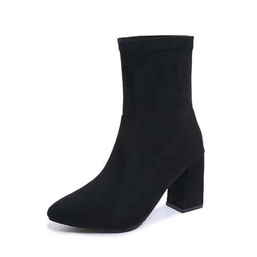 Stiefelette Damen Cowboystiefel Retro Blockabsatz Winterstiefel Mittelalterliche Wildleder Stiefel Übergangsstiefel High Heels Cowboy Ankle Boots Modische DamenStiefel von Generisch
