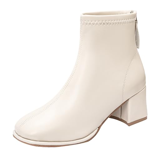 Stiefelette Damen Stilvolle kurze Stiefel ohne Absatz mit Lederanteil Elegant Louargat Lady Boot ankle Citytrip Leder stiefeletten elegant Cowboy Boots Chunky Heel Stiefeletten von Generisch