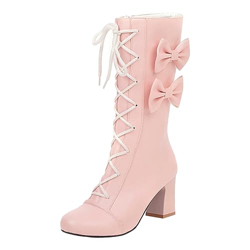 Stiefeletten Damen 2023 Winter Koreanische Frauen Rosa Bowknot Chunky Ferse Hohe Ferse Mittlere Waden Stiefel Student Stiefel (38) von Generisch