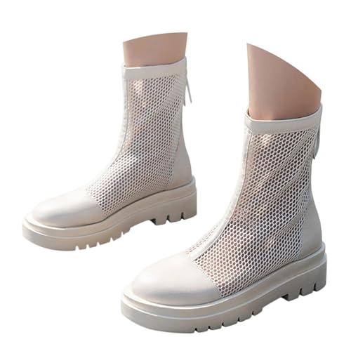 Stiefeletten Damen Atmungsaktive Damen-Stiefel aus Mesh mit mittlerer Wadenhöhe und klobigem Absatz, Plateau-Stiefeletten für lässige Outfits, Reisen, Dating, Party, Performance (White, 36) von Generisch