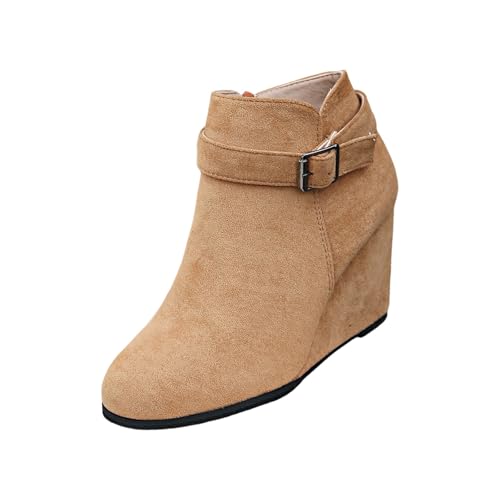 Stiefeletten Damen Booties mit Keilabsatz Ankle Boots Seitlichem Reißverschluss Kurzstiefel mit Verstellbare Schnalle Herbst Winter Stiefel Knöchel Schuhe Halbhoch Damenstiefel Wildlederstiefel von Generisch