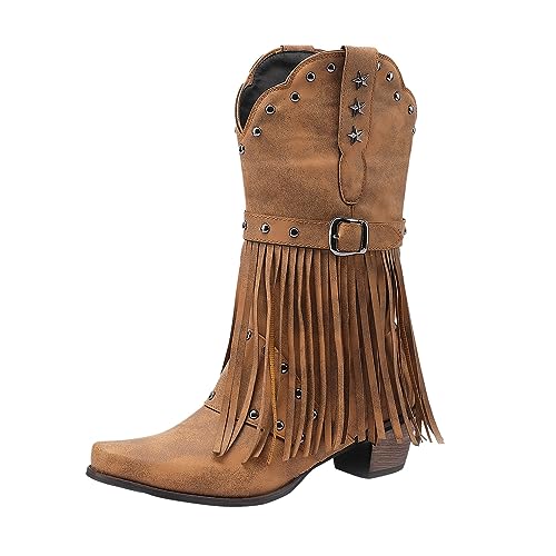 Stiefeletten Damen Cowboystiefel für Damen, Westernstiefel, spitzer Zehenbereich, niedriger Blockabsatz, Quastendekoration, Stiefeletten, Damenschuhe (Brown, 42) von Generisch