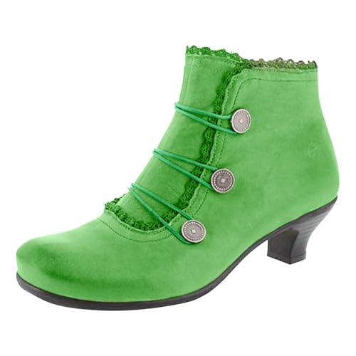 Stiefeletten Damen Damen Lederstiefel mit runder Zehenpartie, Retro-Schnürung, runde Schnalle, Kurze Stiefel, niedriger Absatz (Green, 38) von Generisch