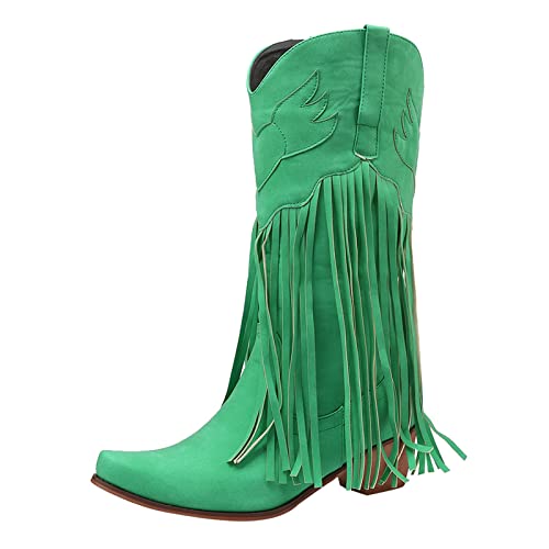 Stiefeletten Damen Damenstiefel Bequemer Pull-On Chunky Heel Spitzschuh Fransen Stiefel Western Kniehohe Stiefel Mittlere Stiefel (Green, 40) von Generisch
