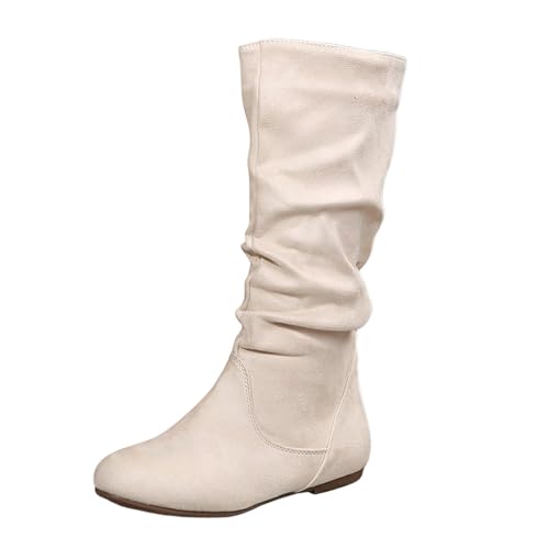 Stiefeletten Damen Damenstiefel aus Wildleder in Volltonfarbe mit Falten, britischer Stil, mittlere Stiefel mit Flacher Sohle (Beige, 37) von Generisch