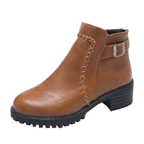 Stiefeletten Damen Dicke Boden Winterstiefel mit niedriger Absatz Runde Zehe Freizeit Stiefel mit Gürtelschnalle Weiche Sohle Motorradstiefel Modische Western Lederstiefel Winddicht Ankle Boots von Generisch