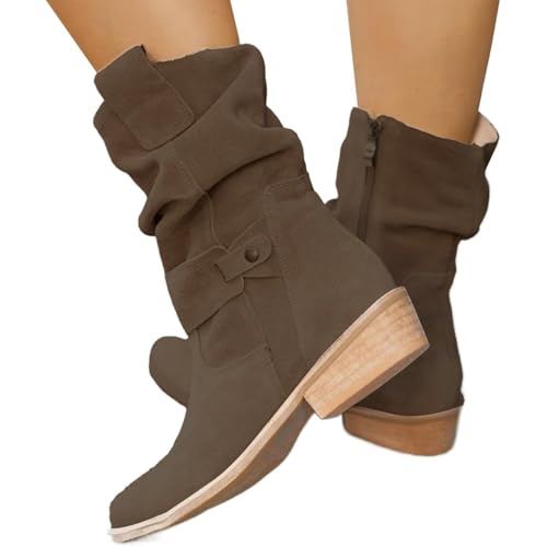 Stiefeletten Damen Elegant - Wildleder Cowboystiefel Halbstiefel mit Reißverschluss Niedriger Blockabsatz Stiefel Kurzstiefel Pointed Toe Übergangsstiefel Blockabsatz Ankle Boots Halbhoch Damenstiefel von Generisch