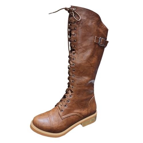 Stiefeletten Damen Frauen Künstliche Stickerei Blumen Dicke Sohle Platz Heels Lace Up Mid Booties Runde Kappe Schuhe (Brown, 40) von Generisch