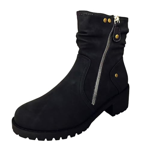 Stiefeletten Damen Frauen Square Heels Reißverschluss Solide Kurze Booties Runde Zehe Schuhe (Black, 41) von Generisch